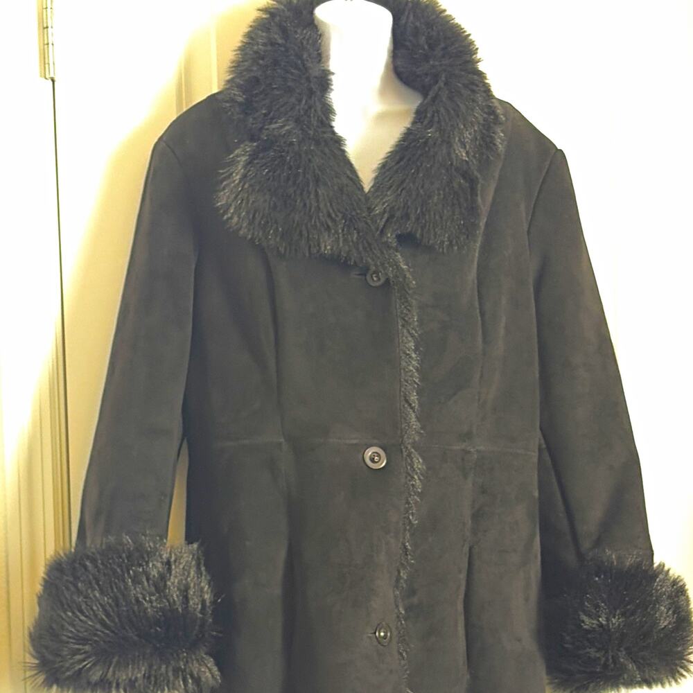 Vtg Jones New York Black Mid-Length Coat Faux Fur Trim Collar L luxe 90s